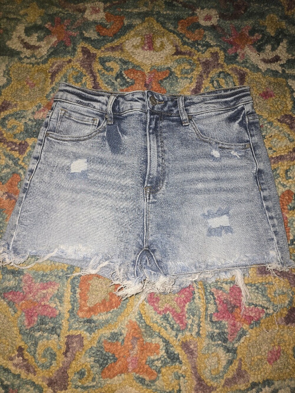High-Rise Distressed Light Blue Denim Shorts